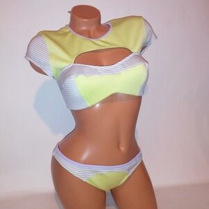 Victoria Secret Swim Bikini Medium Top Large Bottom Green Gray Stripe Neoprene